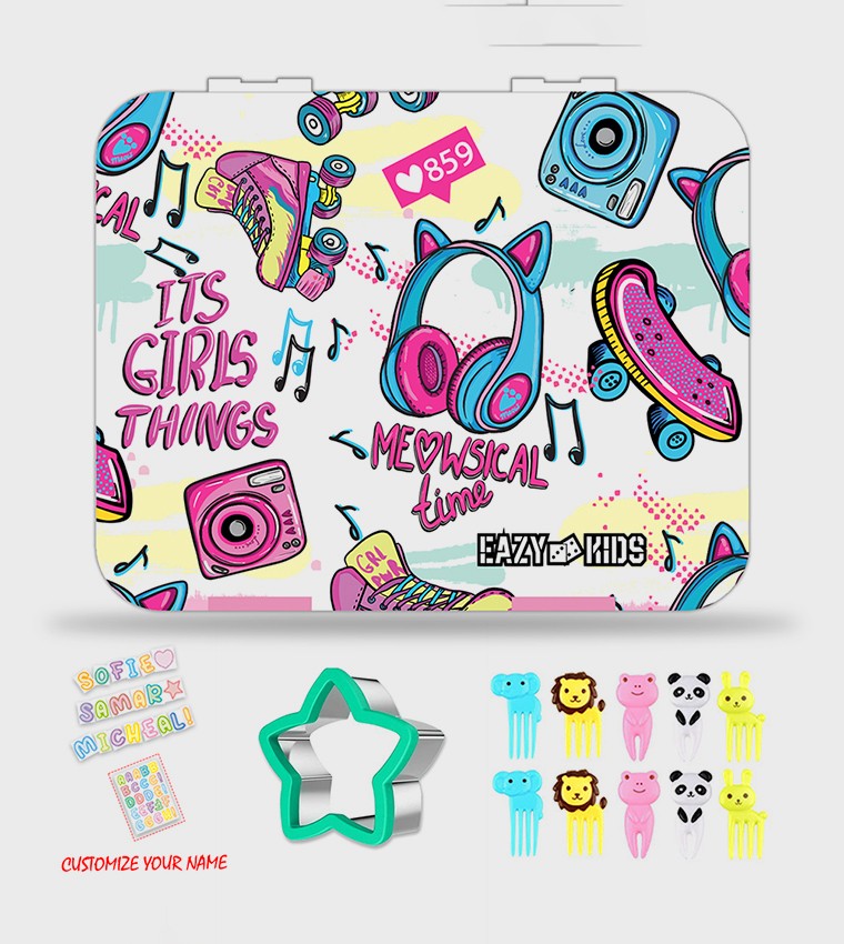 Its Girls Things Printed Bento Box with Insulated Lunch Bag and Cutter Set