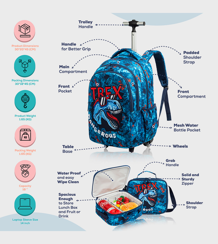4-Piece TREX Dinosaur Themed 18" Trolley School Bag Set