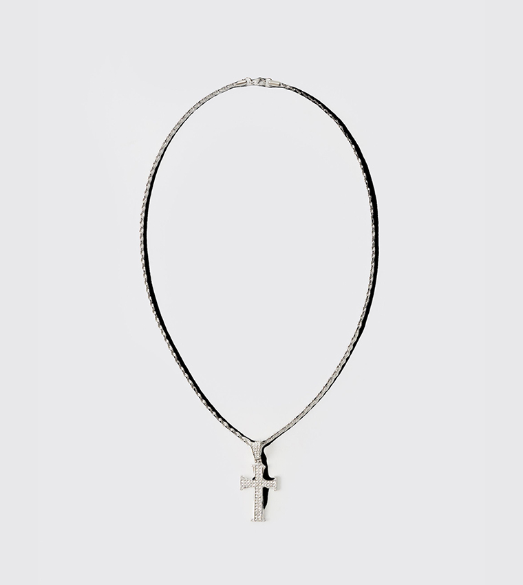 Embellished Out Cross Silver Rope Chain Necklace