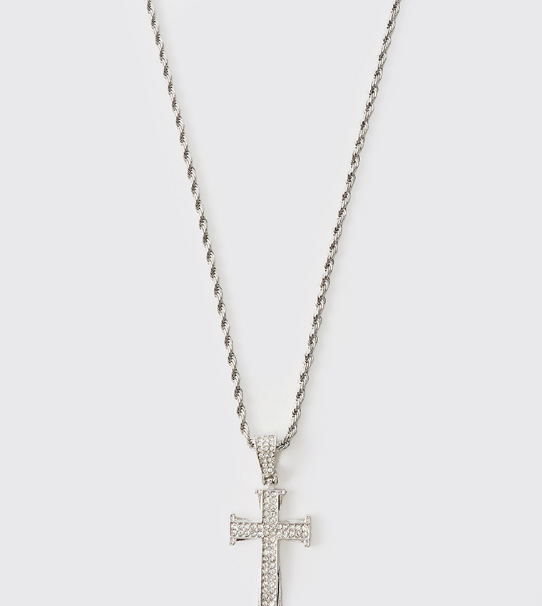 Embellished Out Cross Silver Rope Chain Necklace