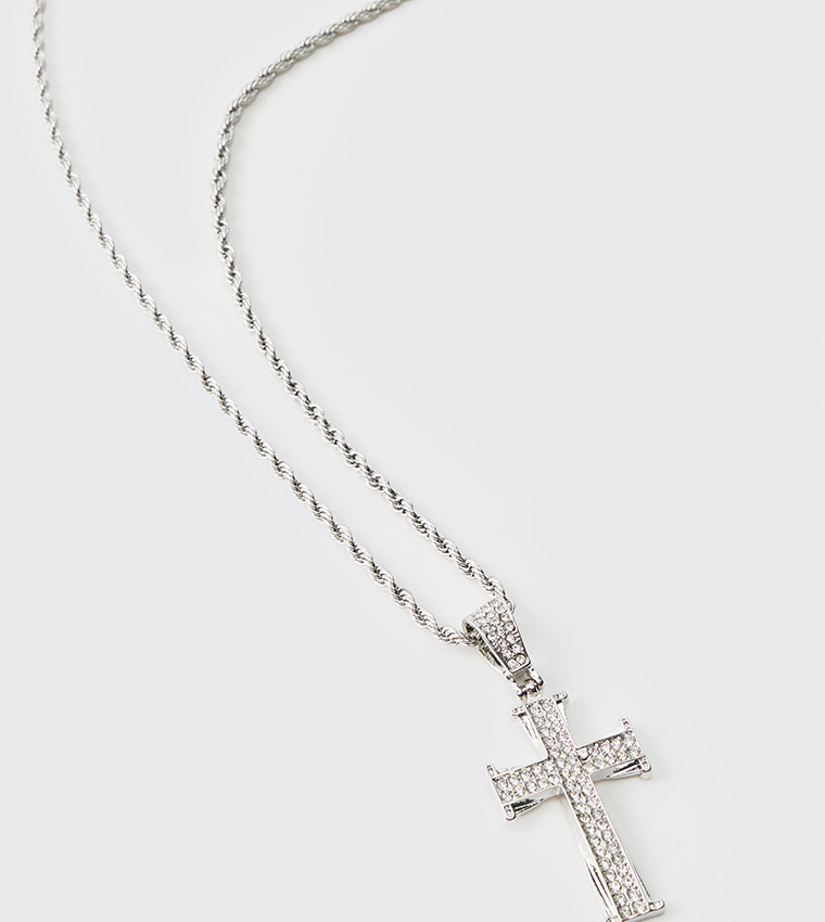 Embellished Out Cross Silver Rope Chain Necklace