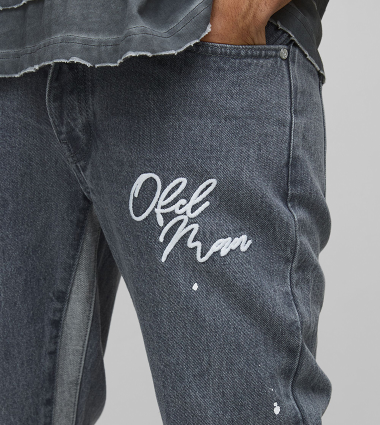 Rigid Flare Embroidery Paint Splatter Slim Fit Jeans