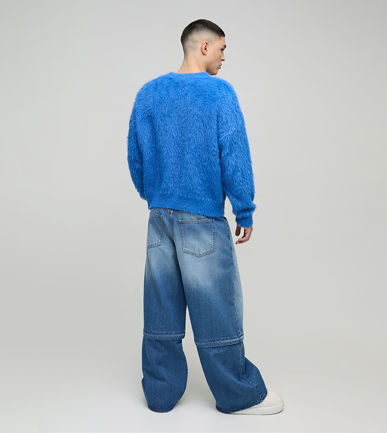 Extreme Rigid Zip Off Leg Cross Embroidery Baggy Jeans