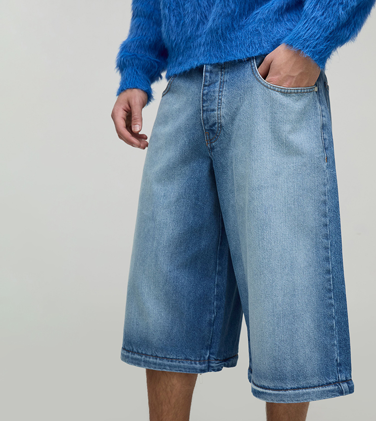 Extreme Rigid Zip Off Leg Cross Embroidery Baggy Jeans