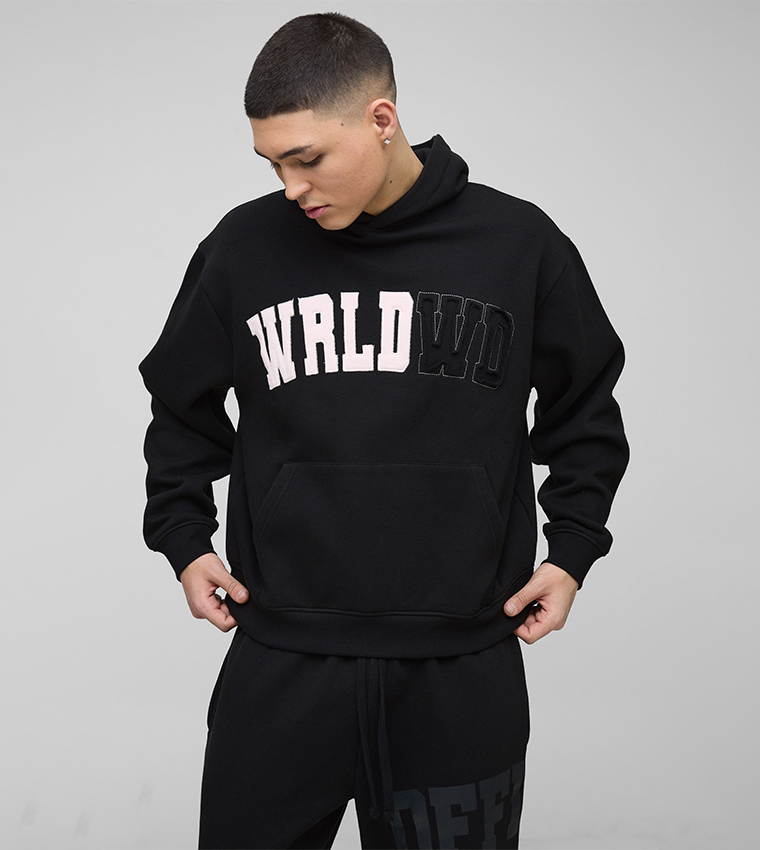 Worldwide Distressed Applique Oversized Hoodie