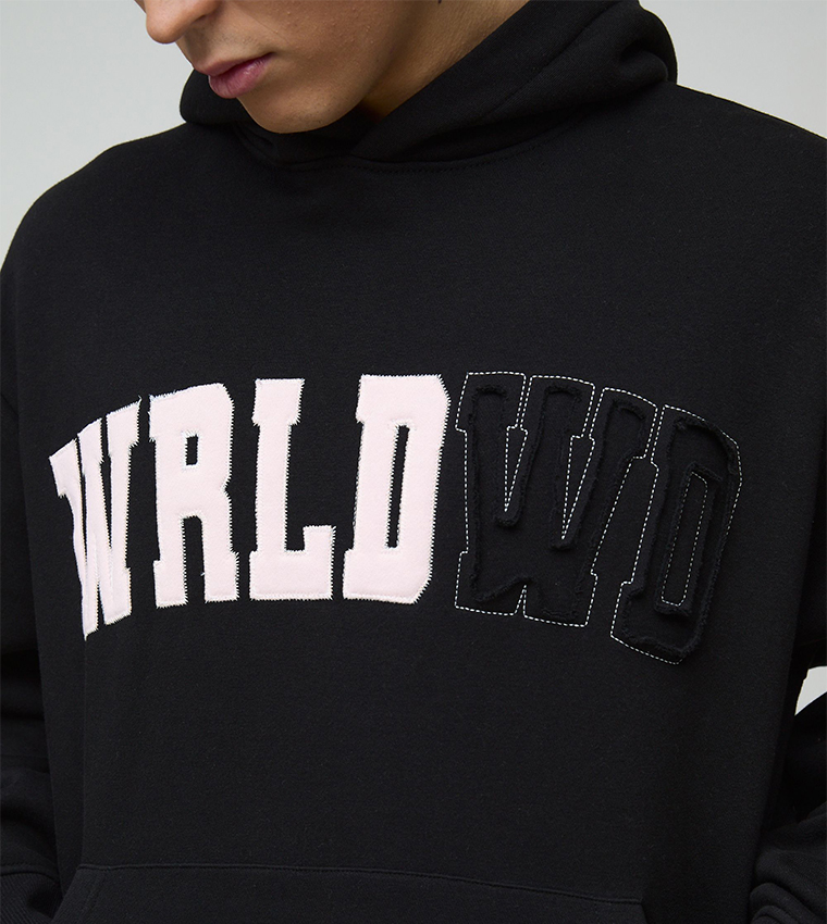 Worldwide Distressed Applique Oversized Hoodie