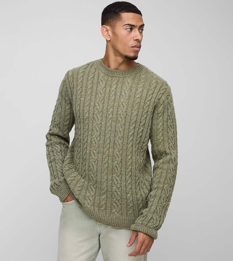Regular Fit Boucle Cable Knit Crew Neck Jumper