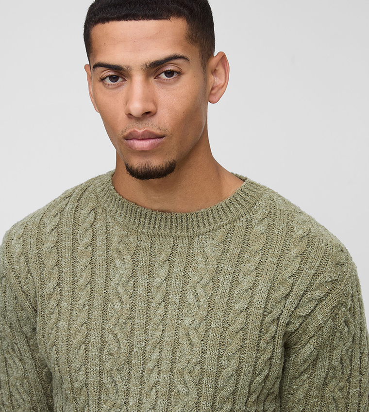 Regular Fit Boucle Cable Knit Crew Neck Jumper