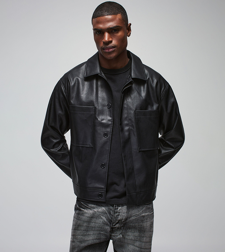PU Boxy Fit Pocket Detail Harrington Jacket
