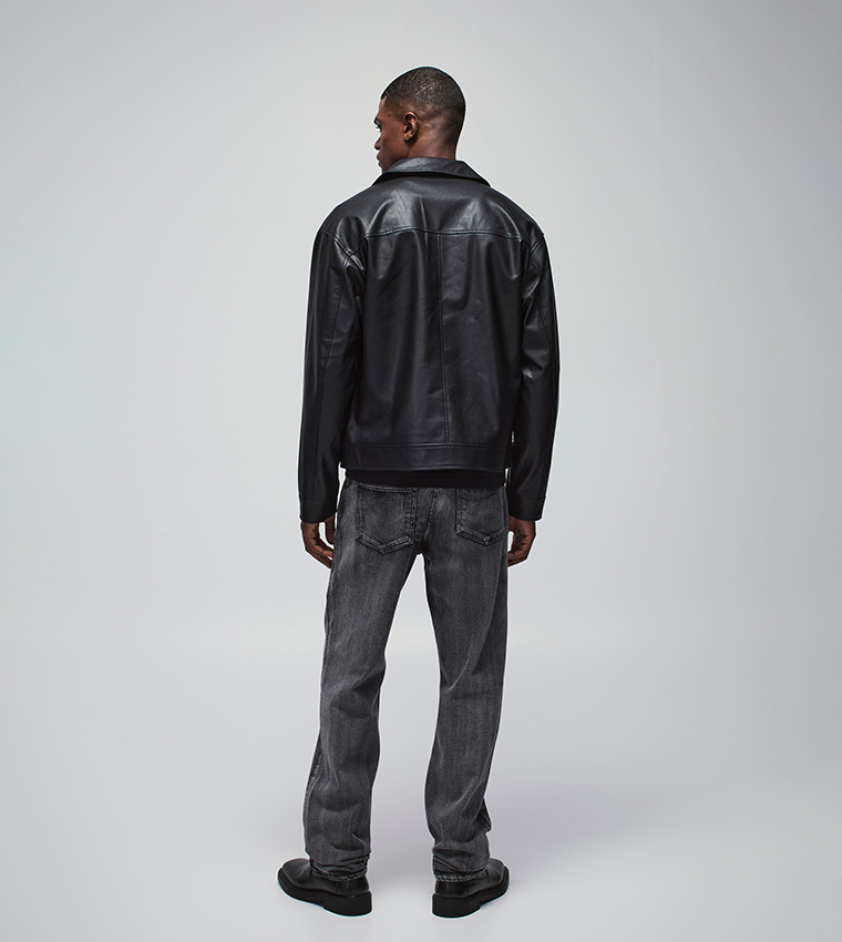 PU Boxy Fit Pocket Detail Harrington Jacket