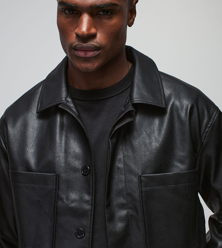 PU Boxy Fit Pocket Detail Harrington Jacket