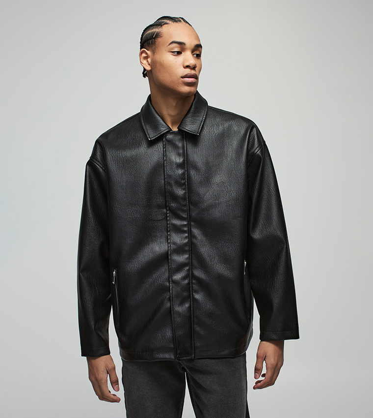 Zip Through Oversized PU Collared Car Coat