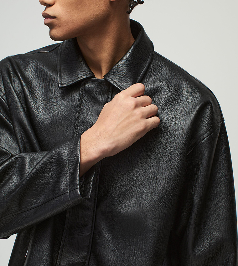 Zip Through Oversized PU Collared Car Coat