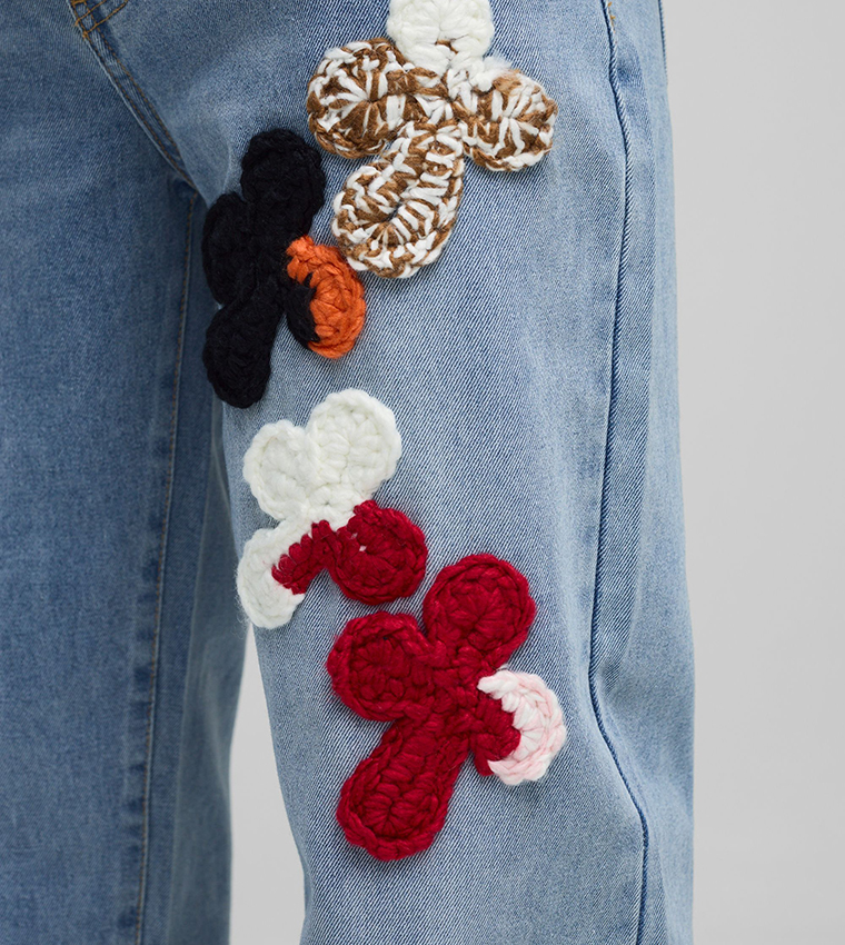 Cross Crochet Appliqued Relaxed Fit Jeans