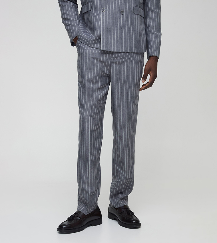 Buy BoohooMAN Striped Straight Fit Formal Trousers In Grey