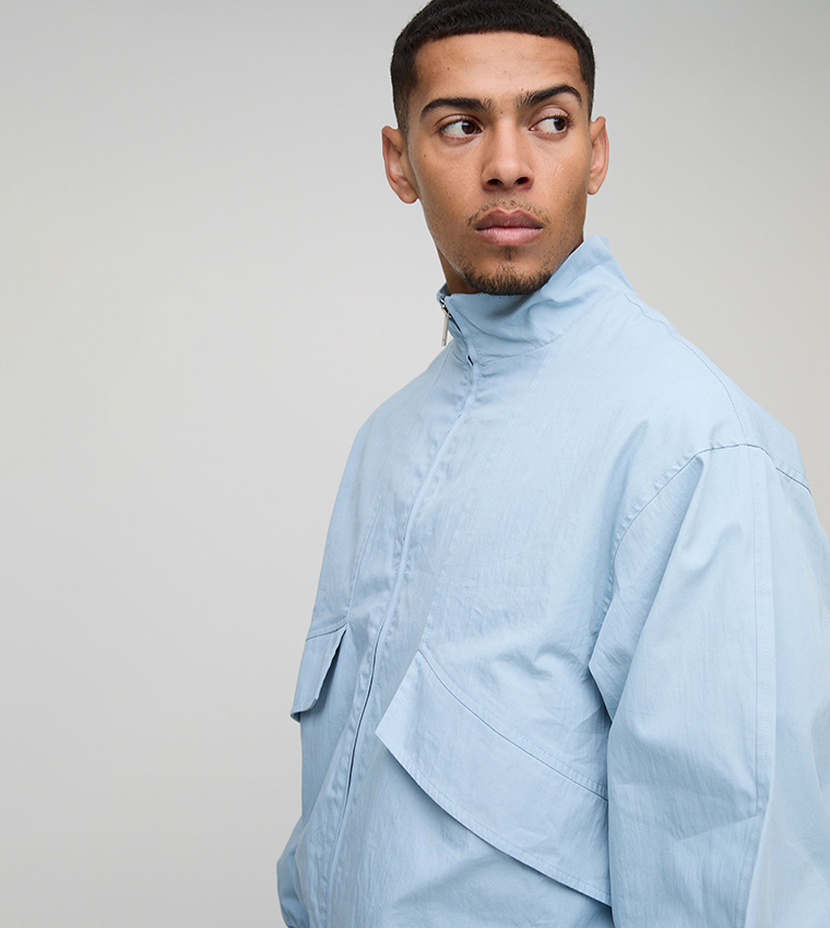 Pocket Detail Twill Oversized High Neck Bomber Jacket