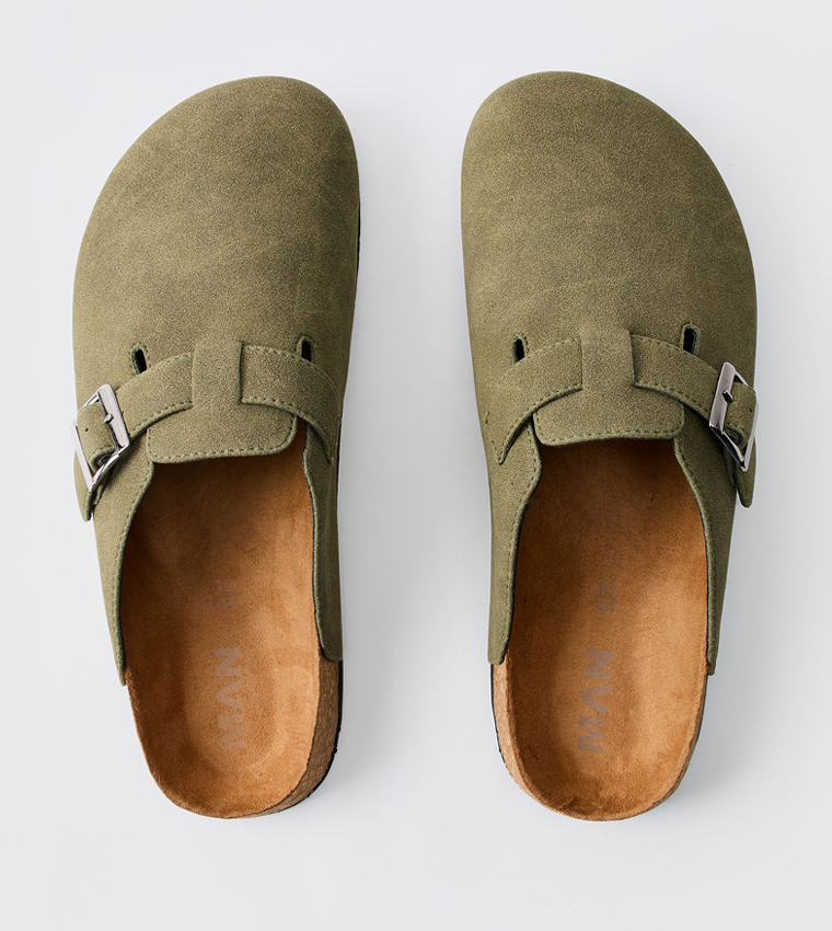Buckle Detail Faux Suede Mules