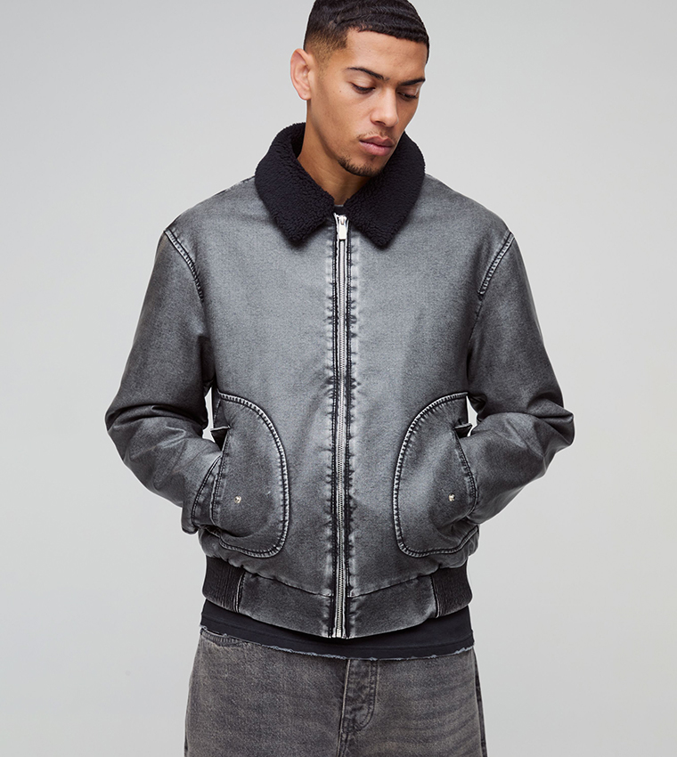 Buy BoohooMAN Detachable Borg Collar Aviator Bomber Jacket In