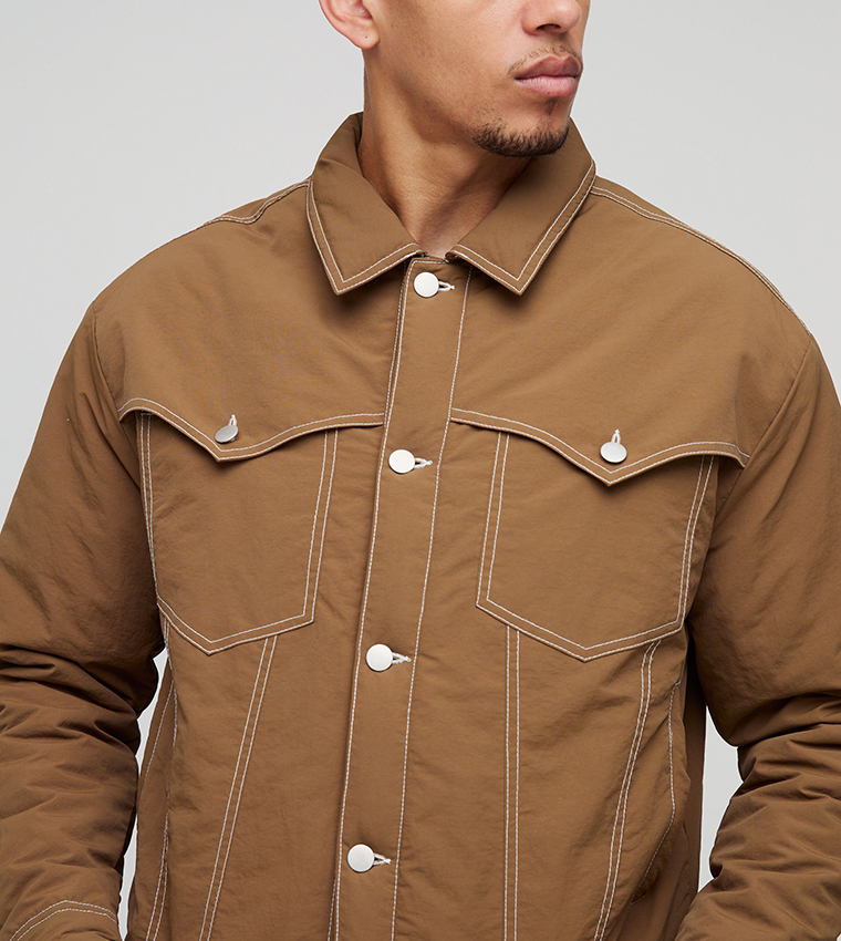 Boxy Nylon Contrast Stitch Western Trucker Jacket