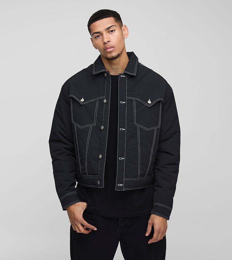 Boxy Nylon Contrast Stitch Western Trucker Jacket