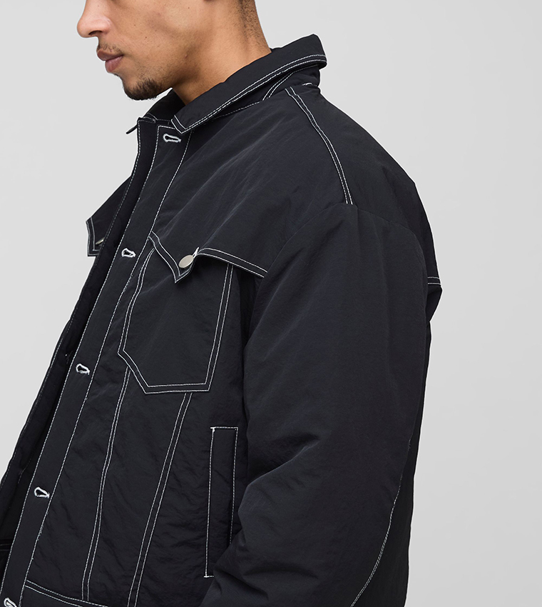 Boxy Nylon Contrast Stitch Western Trucker Jacket