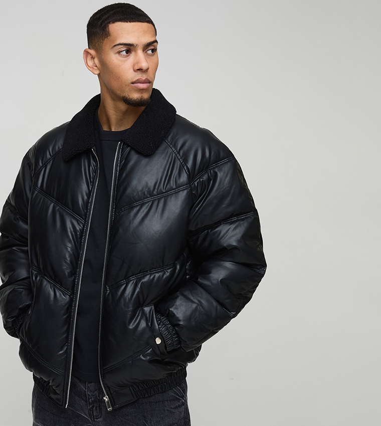 Borg Collar PU Oversized Puffer Jacket