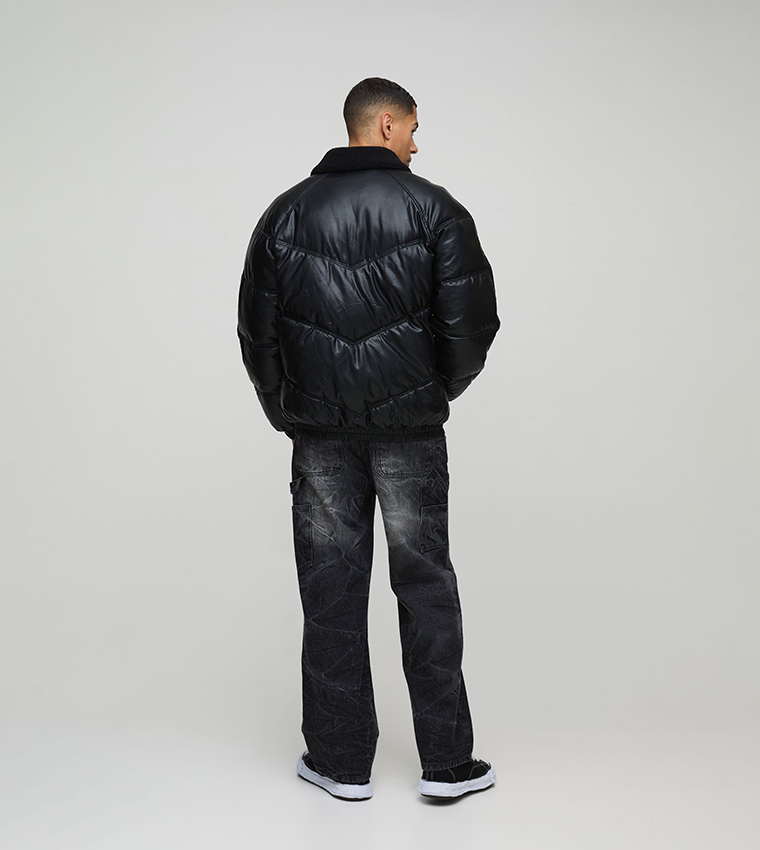 Borg Collar PU Oversized Puffer Jacket