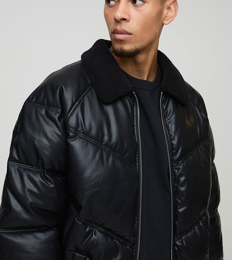 Borg Collar PU Oversized Puffer Jacket