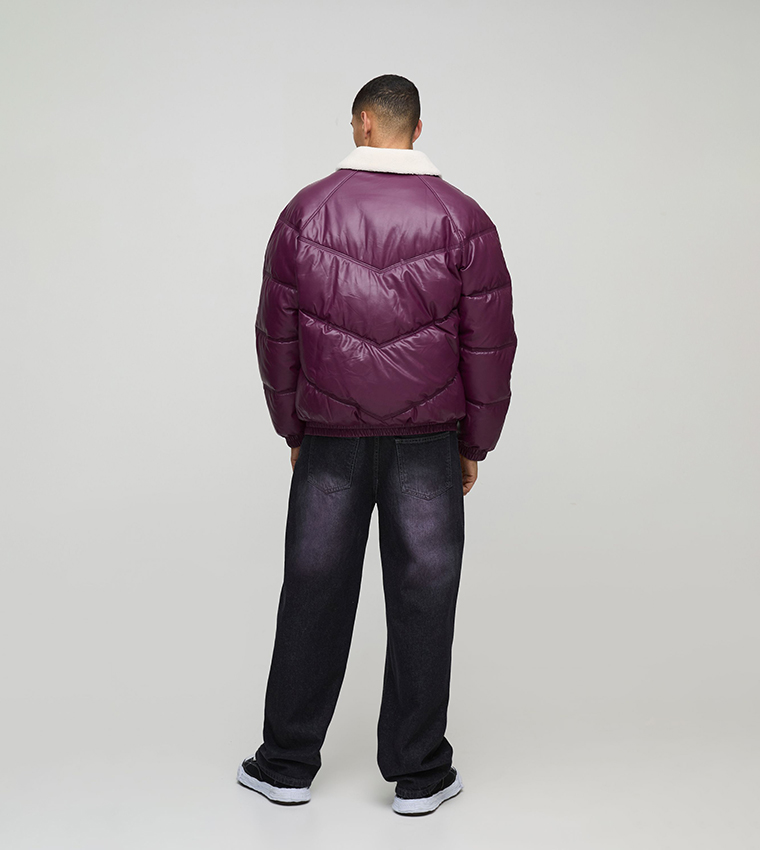 Borg Collar PU Oversized Puffer Jacket