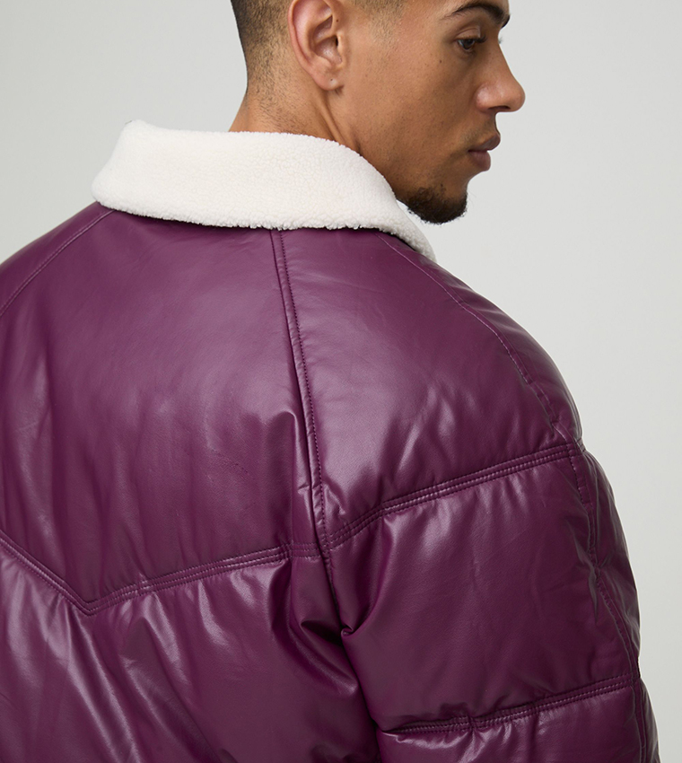 Borg Collar PU Oversized Puffer Jacket