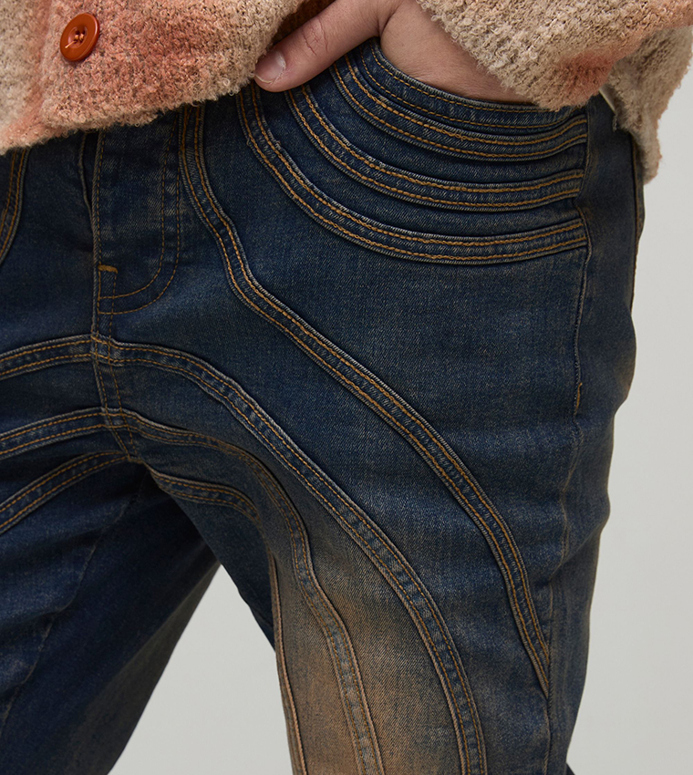 Stacked Washed Paneled Biker Skinny Fit Jeans