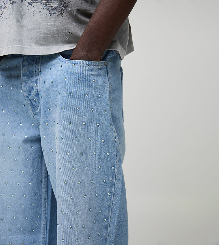 All Over Rhinestone Embellished Relaxed Fit Jeans