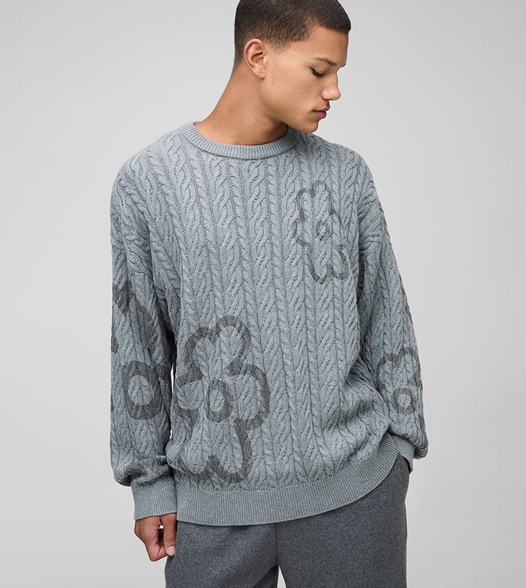 Cable Knit Floral Crew Neck Knit Oversized Jumper