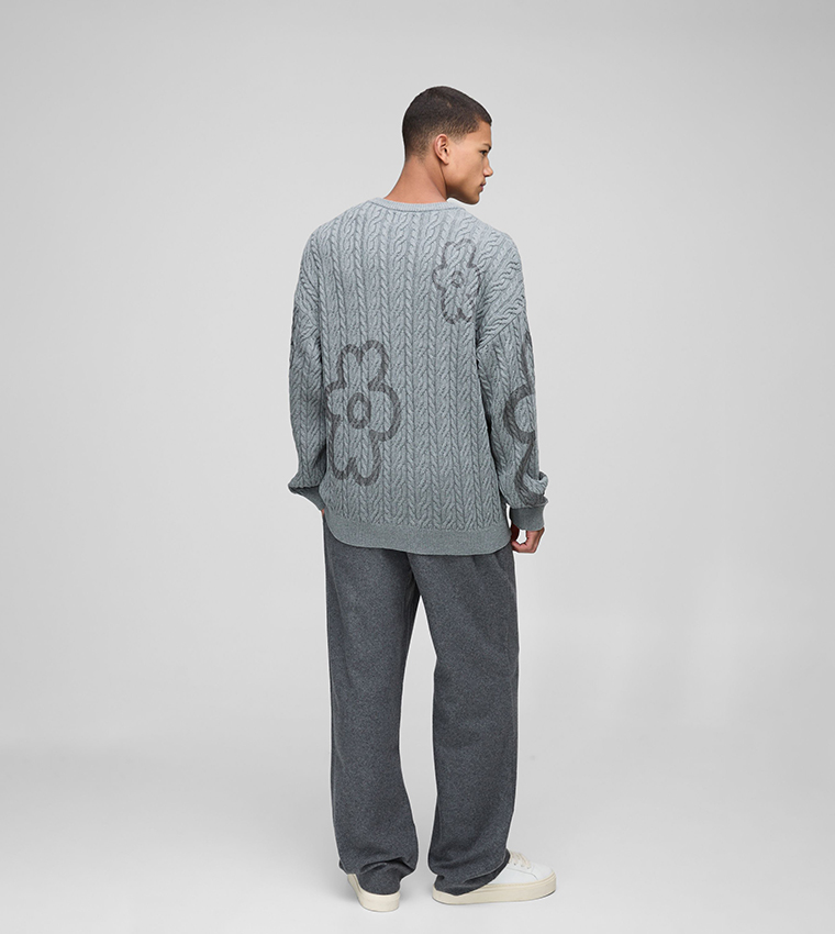 Cable Knit Floral Crew Neck Knit Oversized Jumper