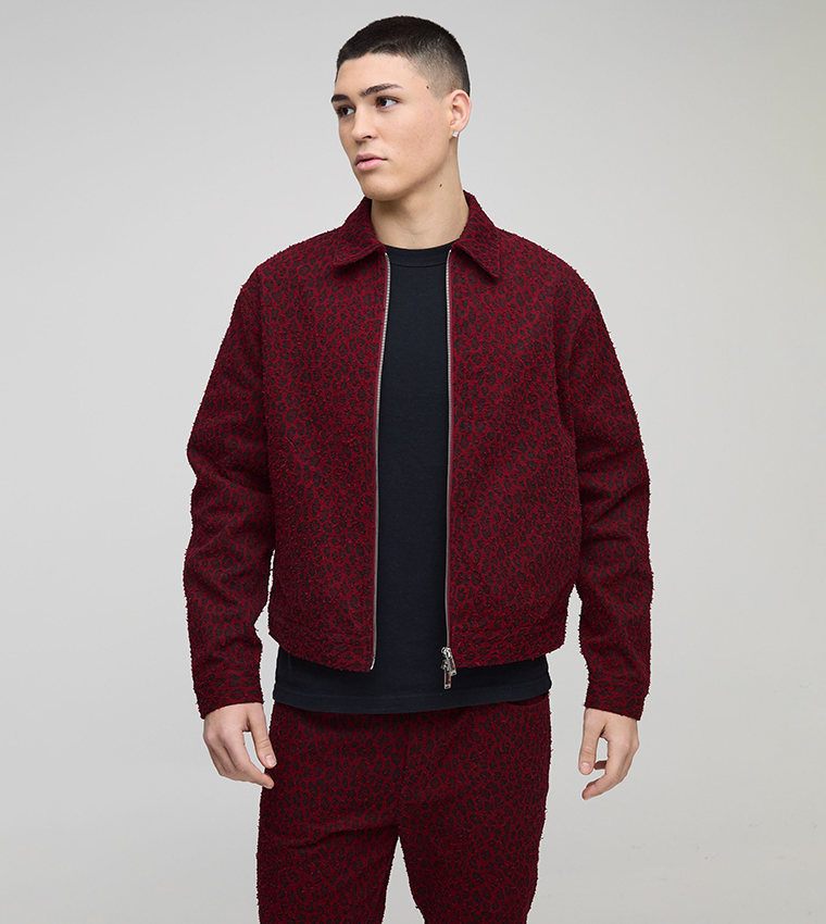 Boxy Distressed Leopard Harrington Denim Jacket