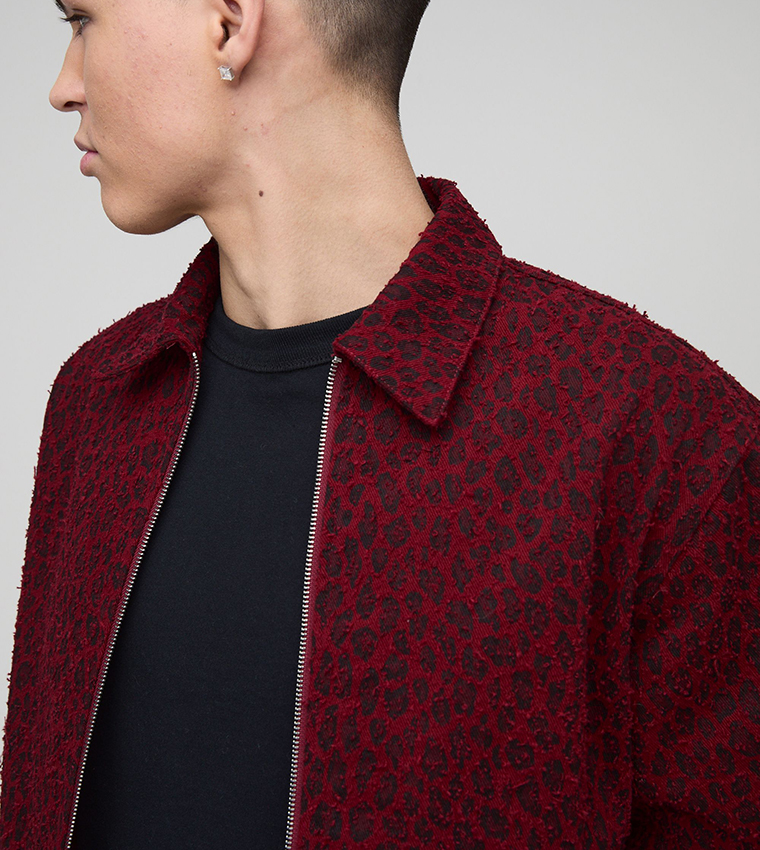 Boxy Distressed Leopard Harrington Denim Jacket