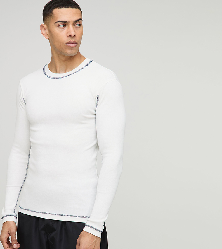 Muscle Contrast Stitch Long Sleeves Rib T-Shirt