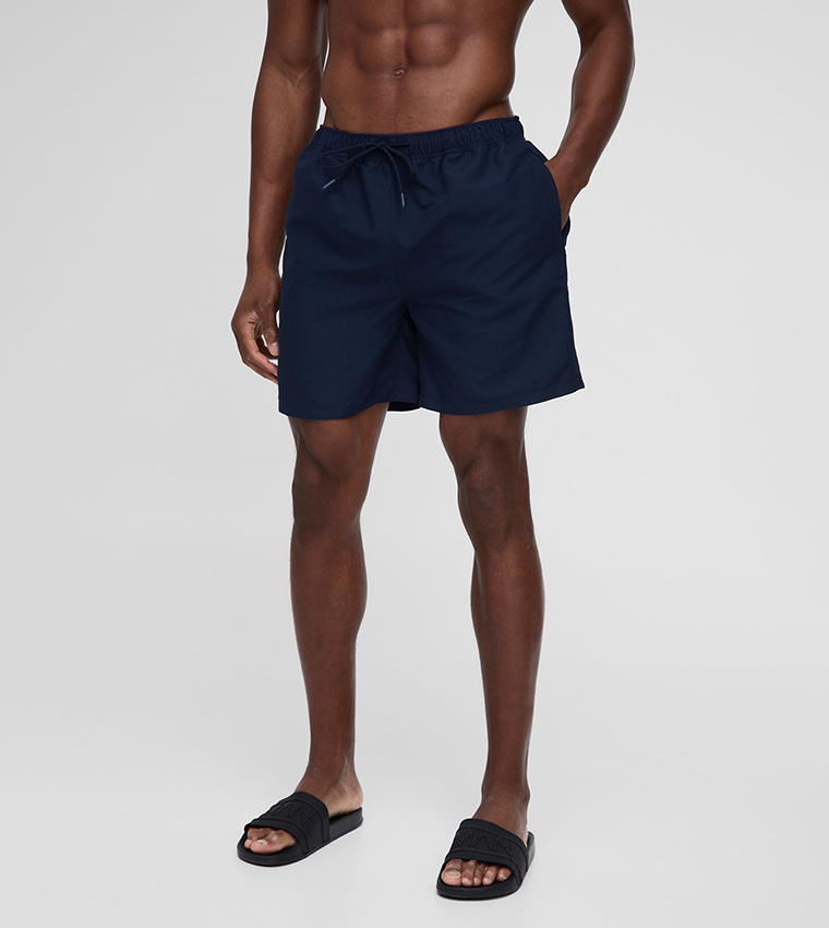 Solid Drawstring Waist Swim Shorts