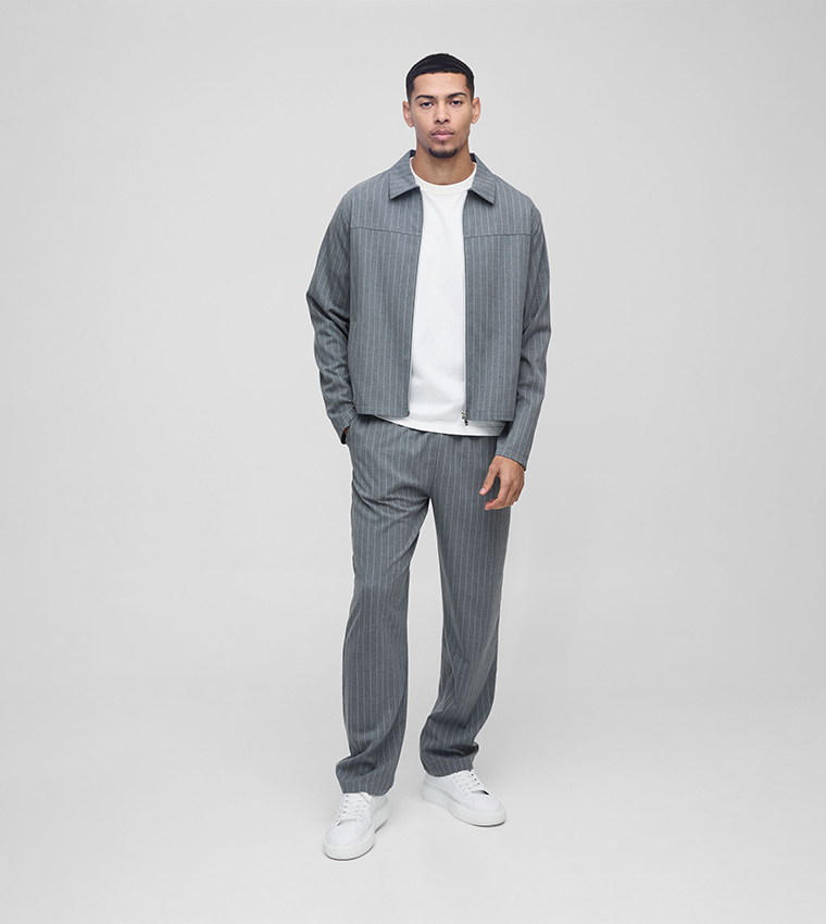 Buy BoohooMAN Striped Mid Rise Straight Fit Trousers In Grey