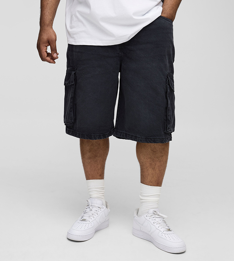 Buy BoohooMAN Plus Tall Relaxed Cargo Denim Shorts In Black