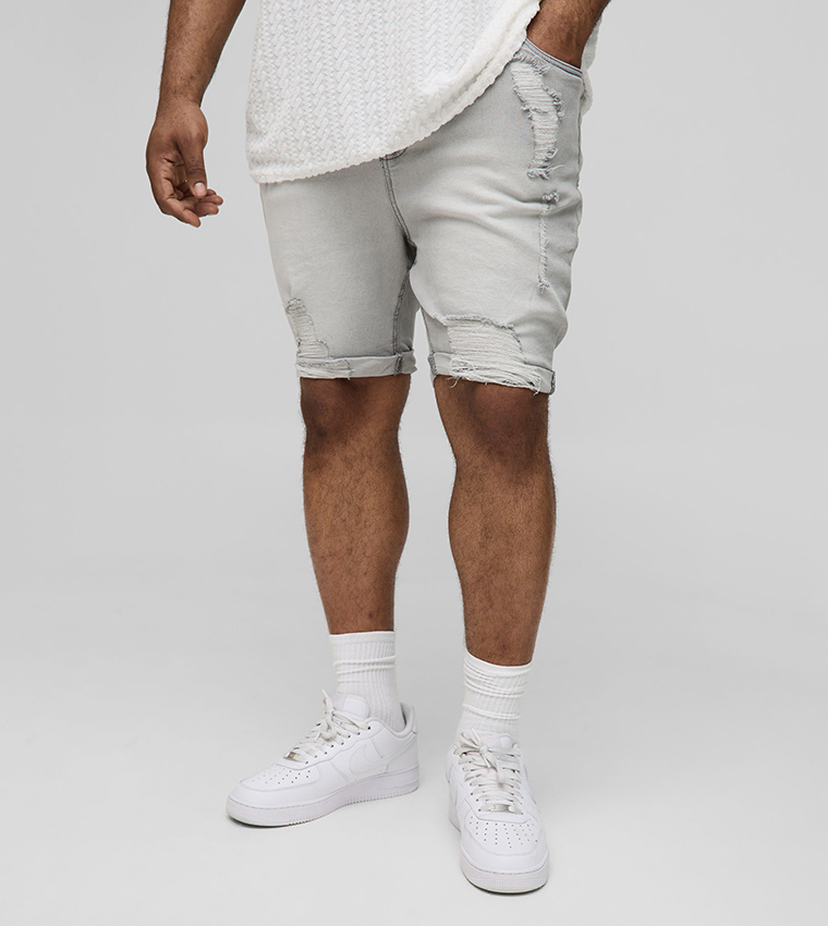 Buy BoohooMAN Plus Tall Skinny Stretch Ripped Denim Shorts In