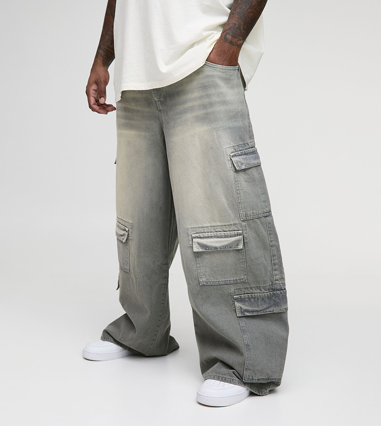 Buy BoohooMAN Plus Tall Multi Pocket Cargo Baggy Jeans In Grey
