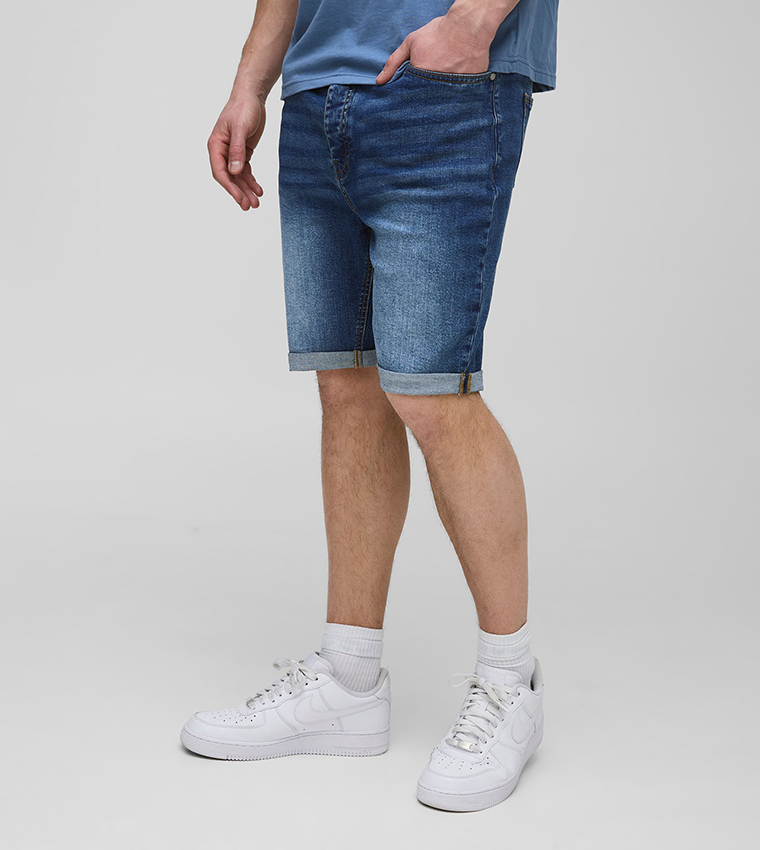 Buy BoohooMAN Plus Tall Skinny Fit Stretch Denim Shorts In Blue