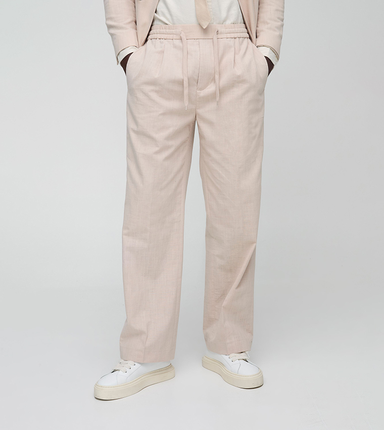 Mid Rise Linen Blend Wide Leg Trousers
