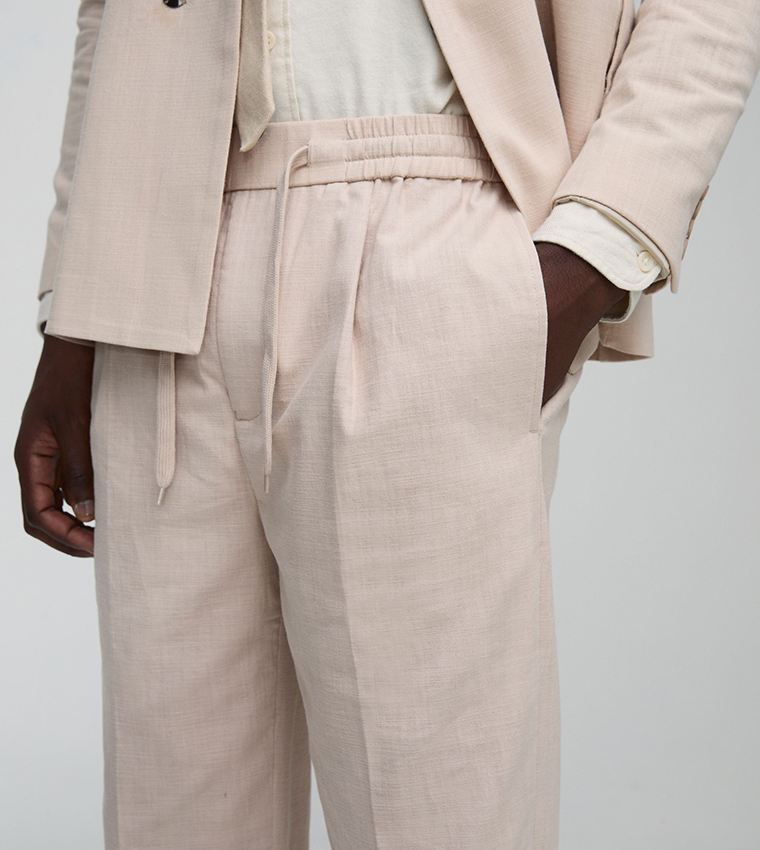Mid Rise Linen Blend Wide Leg Trousers