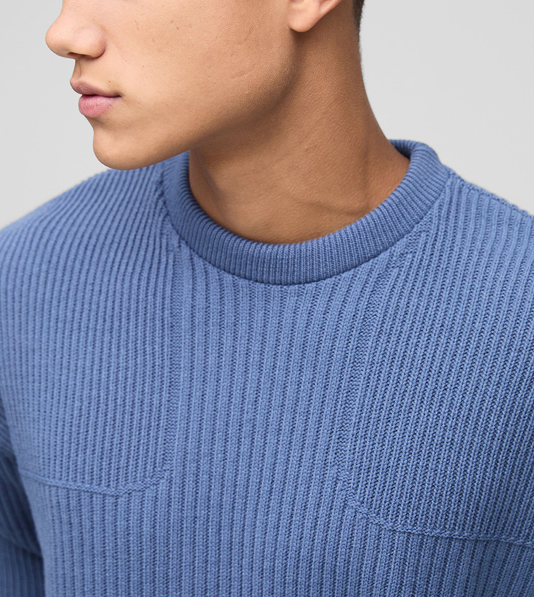 Boxy Fit Ribbed Cross Crew Neck Knitted Jumper