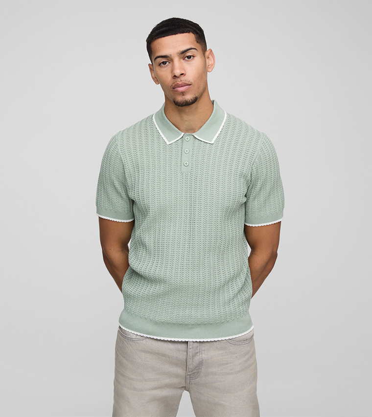 Boxy Fit Openwork Contrast Trim Short Sleeves Knitted Polo T-Shirt