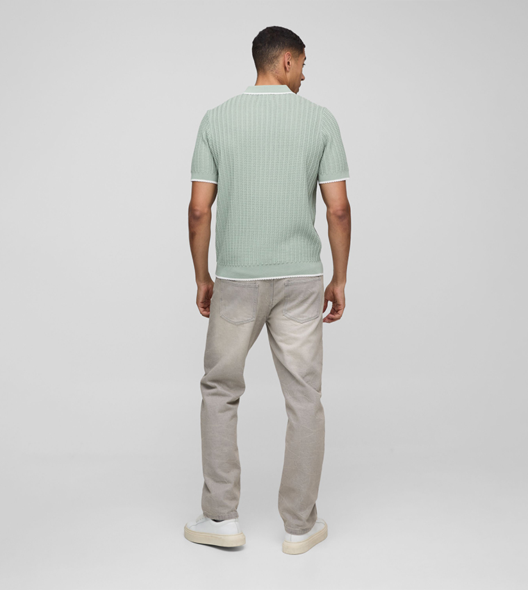 Boxy Fit Openwork Contrast Trim Short Sleeves Knitted Polo T-Shirt