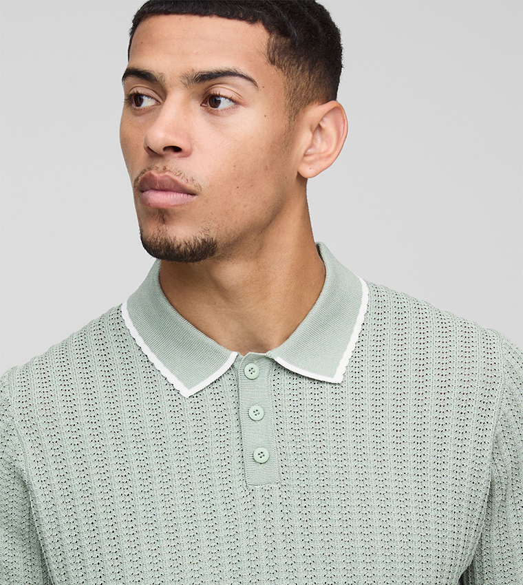 Boxy Fit Openwork Contrast Trim Short Sleeves Knitted Polo T-Shirt