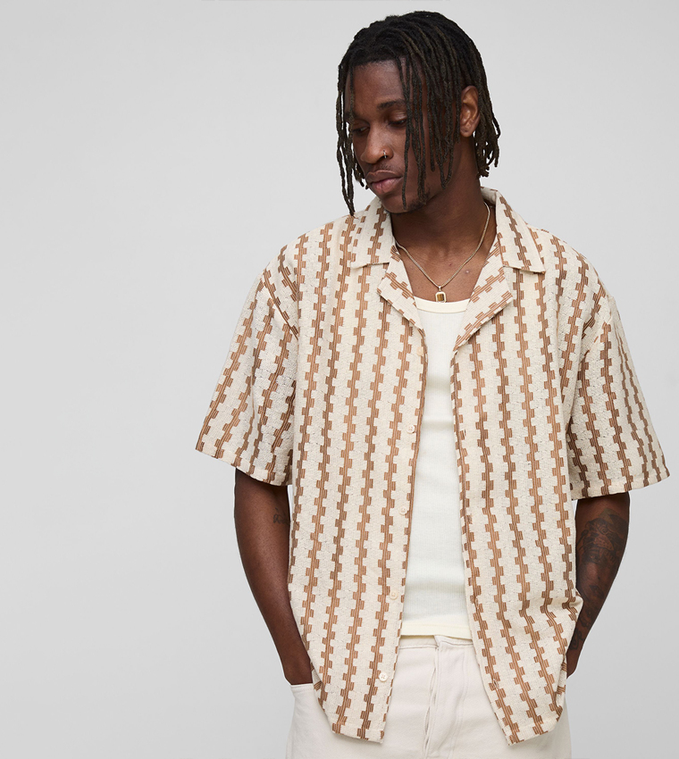 Plus & Tall Regular Geometric Striped Textured Revere Shirt